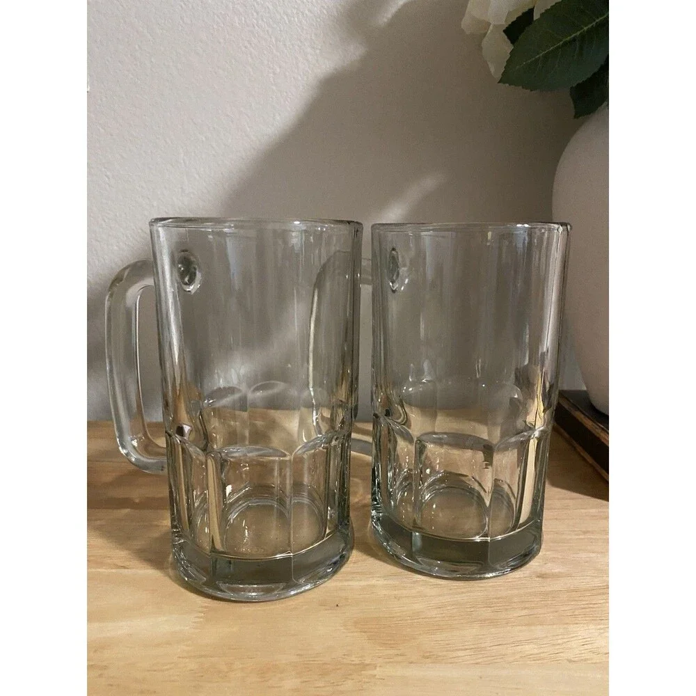 Vintage 2 ANCHOR HOCKING Beer Stein Mug Clear Glass Large HEAVY 8
